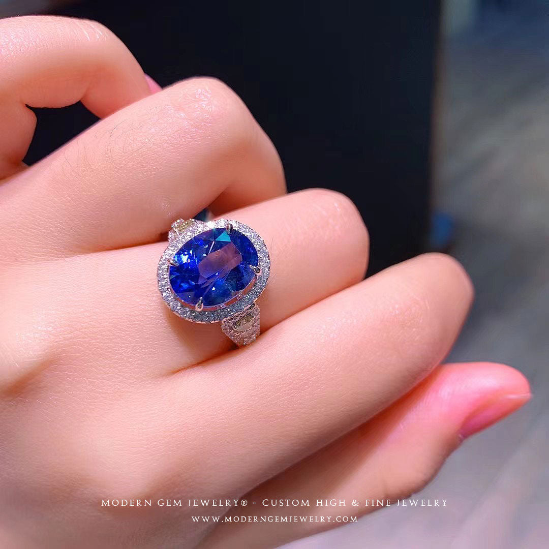 Royal Blue Sapphire and Diamond White Gold Ring on Hand - Modern Gem Jewelry®