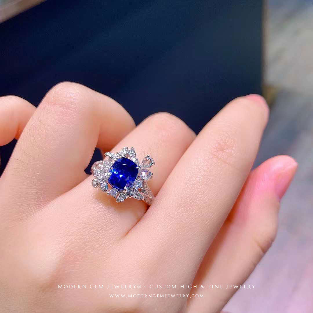 Vintage Inspired Unheated Sapphire Ring | Cushion Cut | Diamonds | 18K White Gold | Saratti