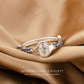 Oval Moissanite Ring in Bezel Design set in Platinum Engagement Ring | Modern Gem Jewelry