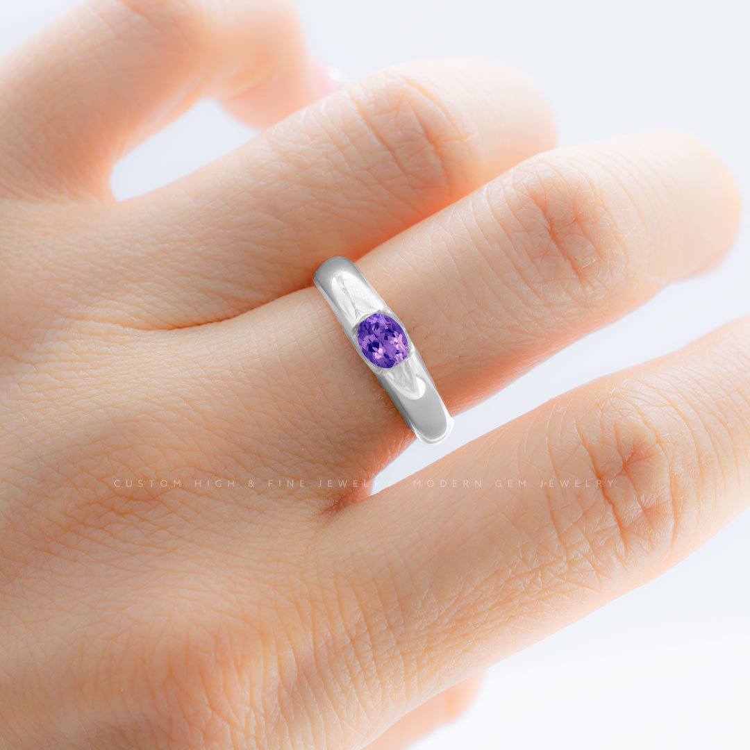 Amethyst Promise Ring in White Gold Oval Bezel | Modern Gem Jewelry | Saratti