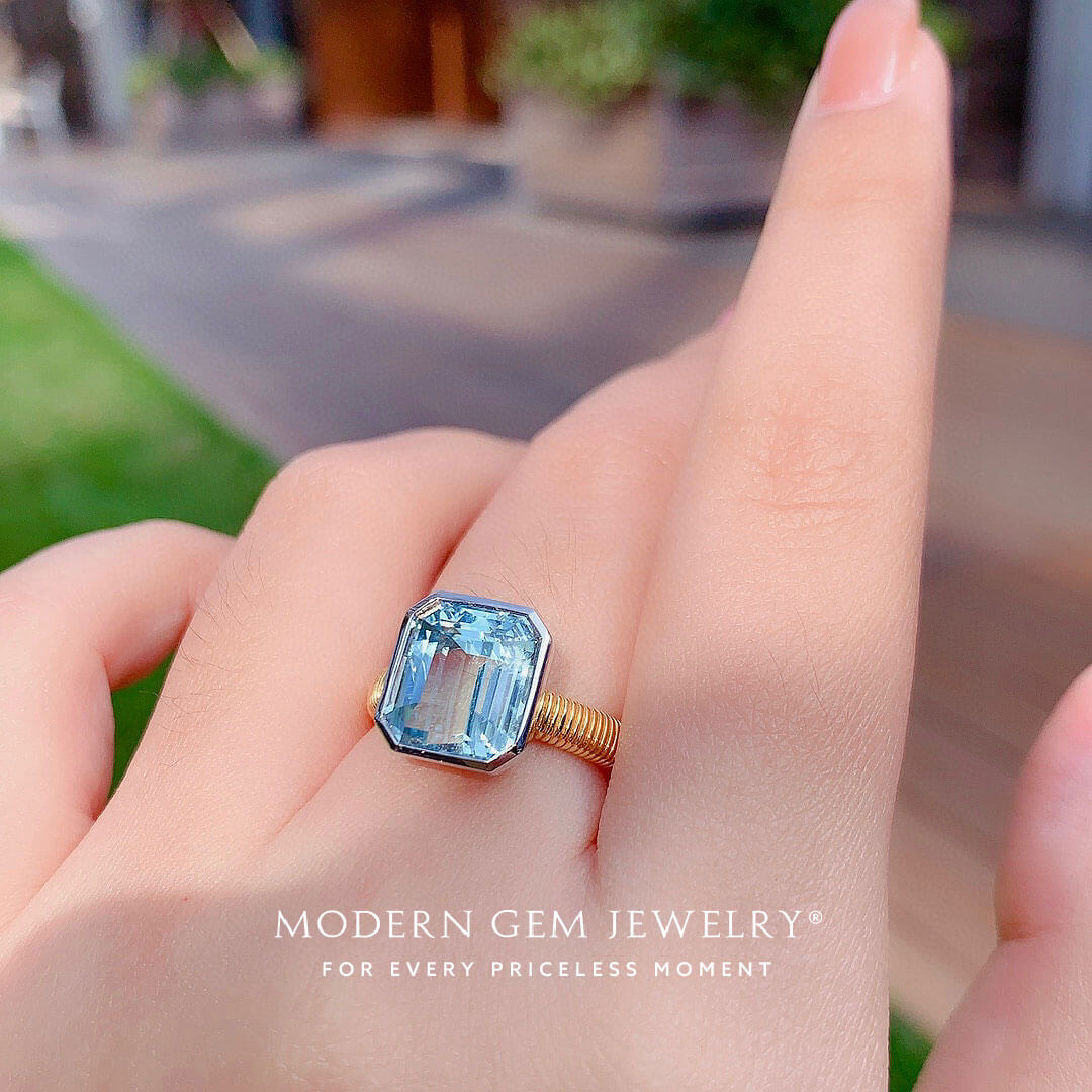 Bezel Set Aquamarine Engagement Ring Modern Gem Jewelry