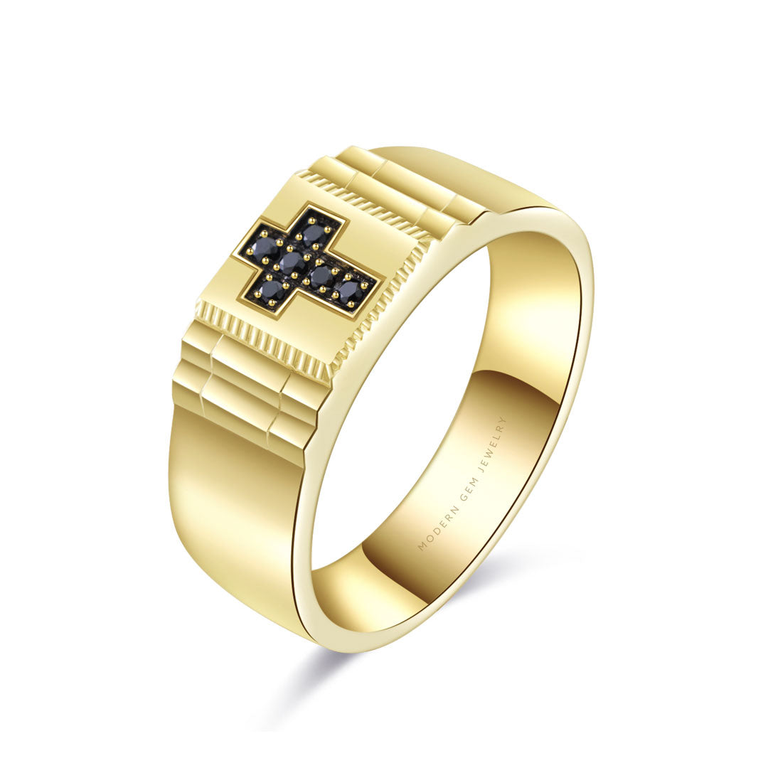 Mens Cross Ring in Yellow Gold with Black Diamonds | Custom Men Rings | Modern Gem Jewelry | Saratti
