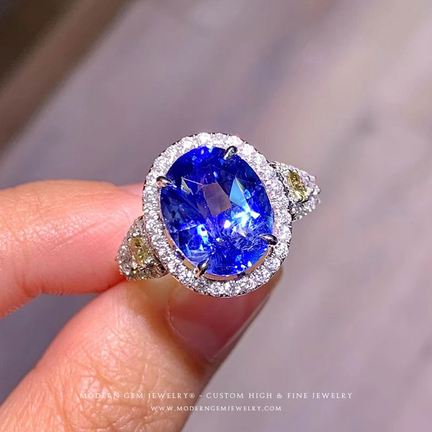 Unheated Blue Sapphire diamonds Fancy Yellow Diamond High End Jewelry Ring - Modern Gem Jewelry