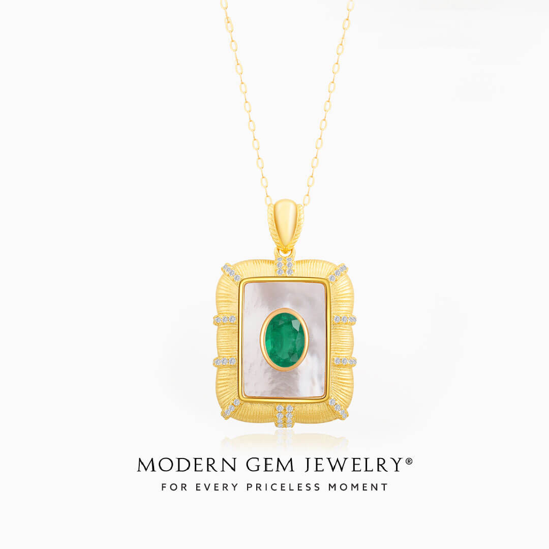 Elegant Oval Natural Emerald and Diamonds Two Tone Emerald Brithstone Necklace in 18K Yellow Gold | Modern Gem Jewelry