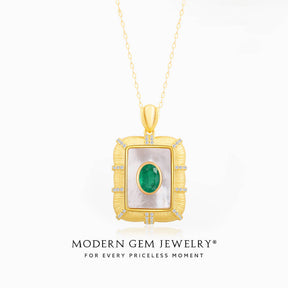 Elegant Oval Natural Emerald and Diamonds Two Tone Emerald Brithstone Necklace in 18K Yellow Gold | Modern Gem Jewelry