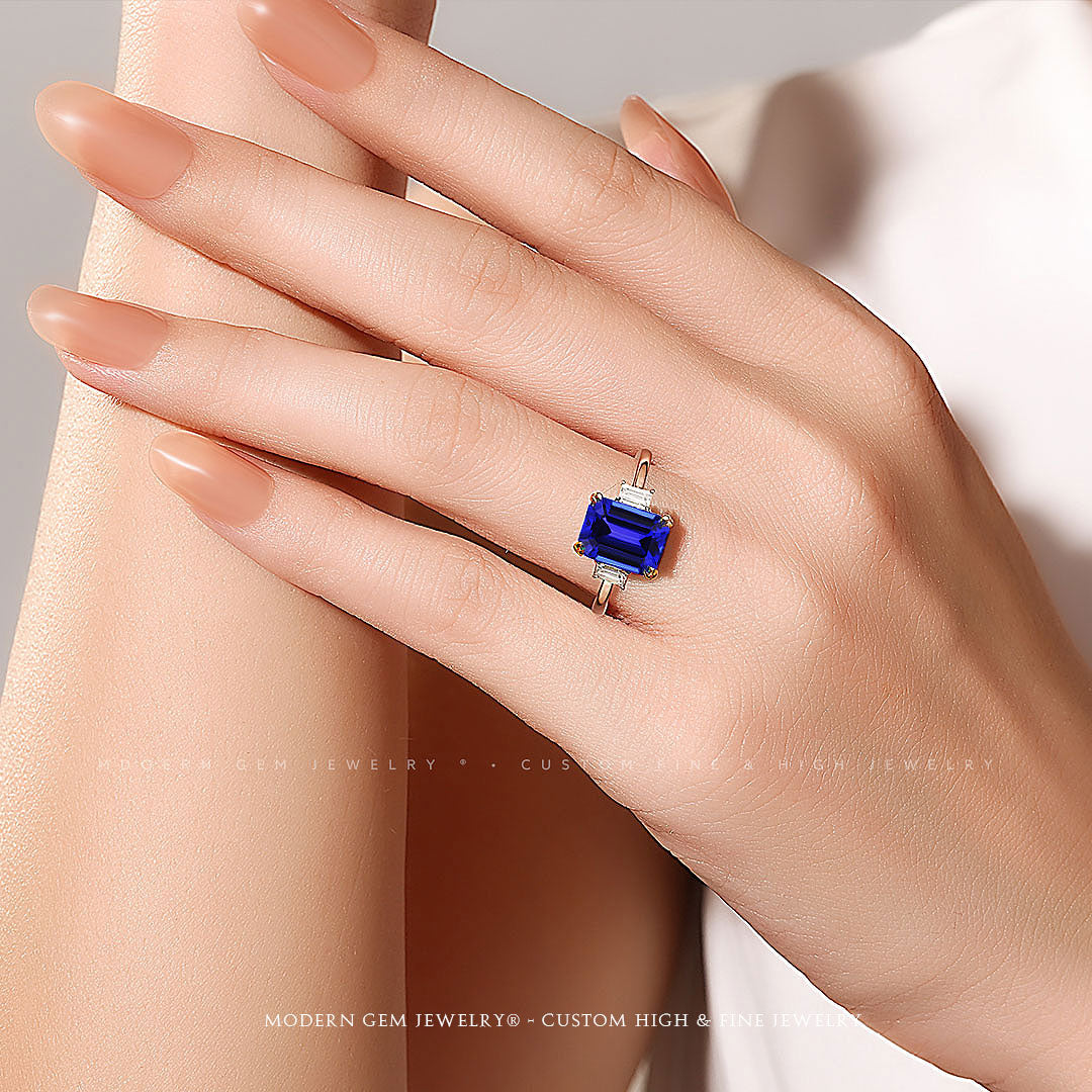 Three Stone Diamond and Tanzanite Engagement Ring | 10 carats Tanzanite Ring on Woman's Finger | Modern Gem Jewelry | Saratti
