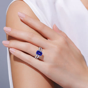 Emerald Cut Tanzanite Ring with Diamonds | 5 carat Heirloom Tanzanite Ring on Woman's Hand | Modern Gem Jewelry | Saratti