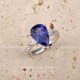 Blue Stone Ring with Pear Cut Tanzanite and Diamonds in 18K White Gold Ring | Custom Fine Jewelry | Modern Gem Jewelry | Saratti