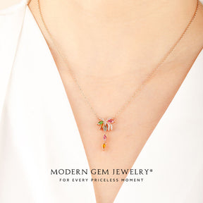 Colorful Tourmaline and Diamonds Rose Gold Necklace on neck | Modern Gem Jewelry