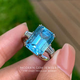 Blue Stone Ring with Emerald cut Natural Aquamarine and Diamonds in 18K White Gold | Modern Gem Jewelry