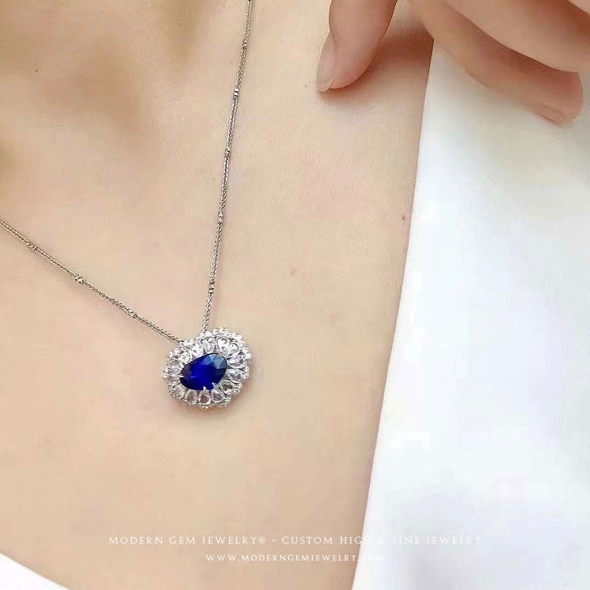 Royal Blue Natural Sapphire and Diamond Pendant