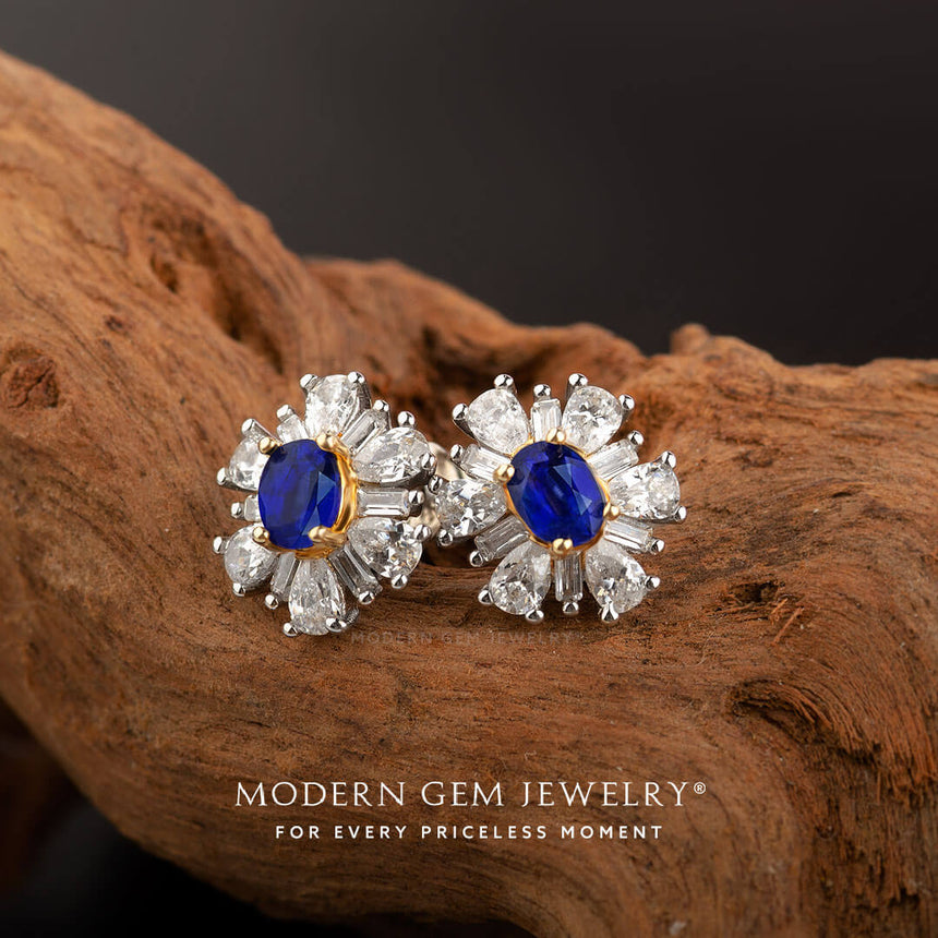 Prong Set Natural Sapphire and Diamond Earrings 