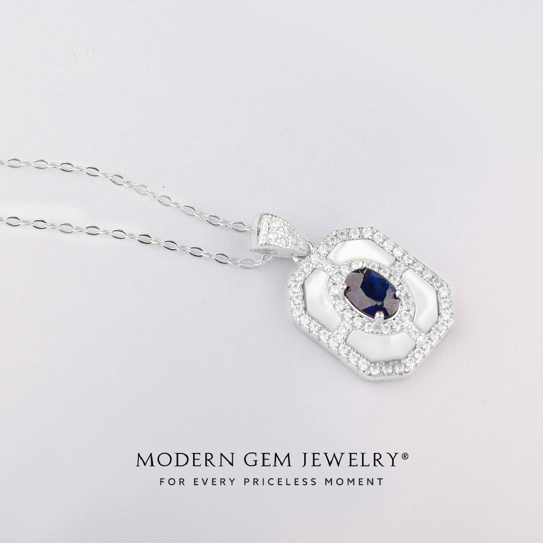 Sparkling Blue Sapphire and Diamond Pendant in 18K White Gold | Saratti