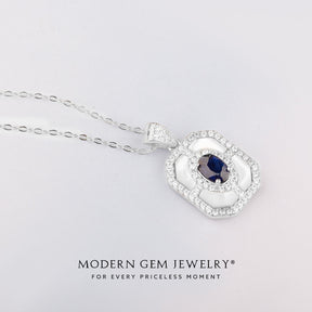 Sparkling Blue Sapphire and Diamond Pendant in 18K White Gold | Saratti