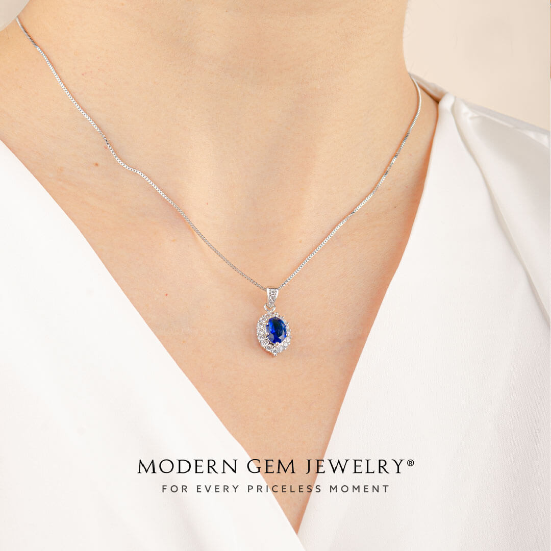 Oval Blue Sapphire with Diamonds Chain Necklace | Saratti