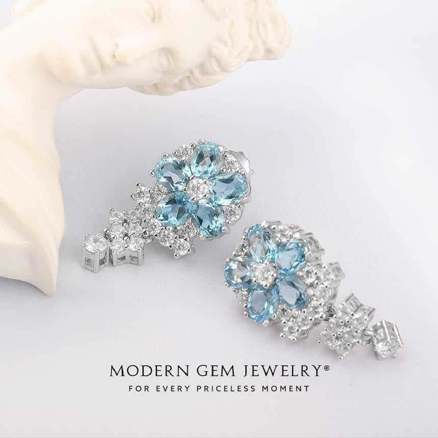 Diamond Pave Natural London Blue Topaz Earrings 