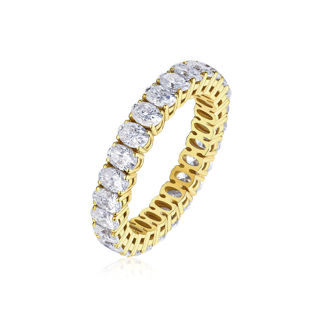 Oval Wedding Band with Diamonds in 18K Yellow Gold against white background | Modern Gem Jewelry | Saratti 