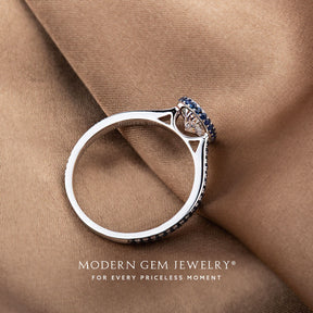 Oval Moissanite Ring with Blue Natural Sapphires in 18K White Gold | Modern Gem Jewelry
