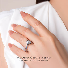 Oval Moissanite Ring with Blue Natural Sapphires in 18K White Gold on hand| Modern Gem Jewelry