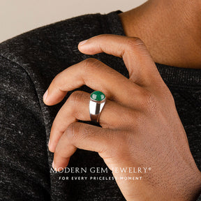 Oval Cabochon Mens Emerald Ring White Gold | Modern Gem Jewelry | May Birthstone Men Ring | Saratti