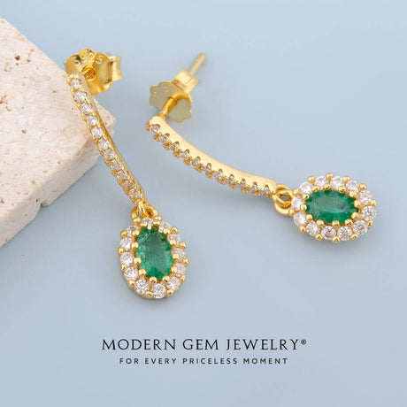 Diamond Pave and Oval Emerald Yellow Gold Earrings 