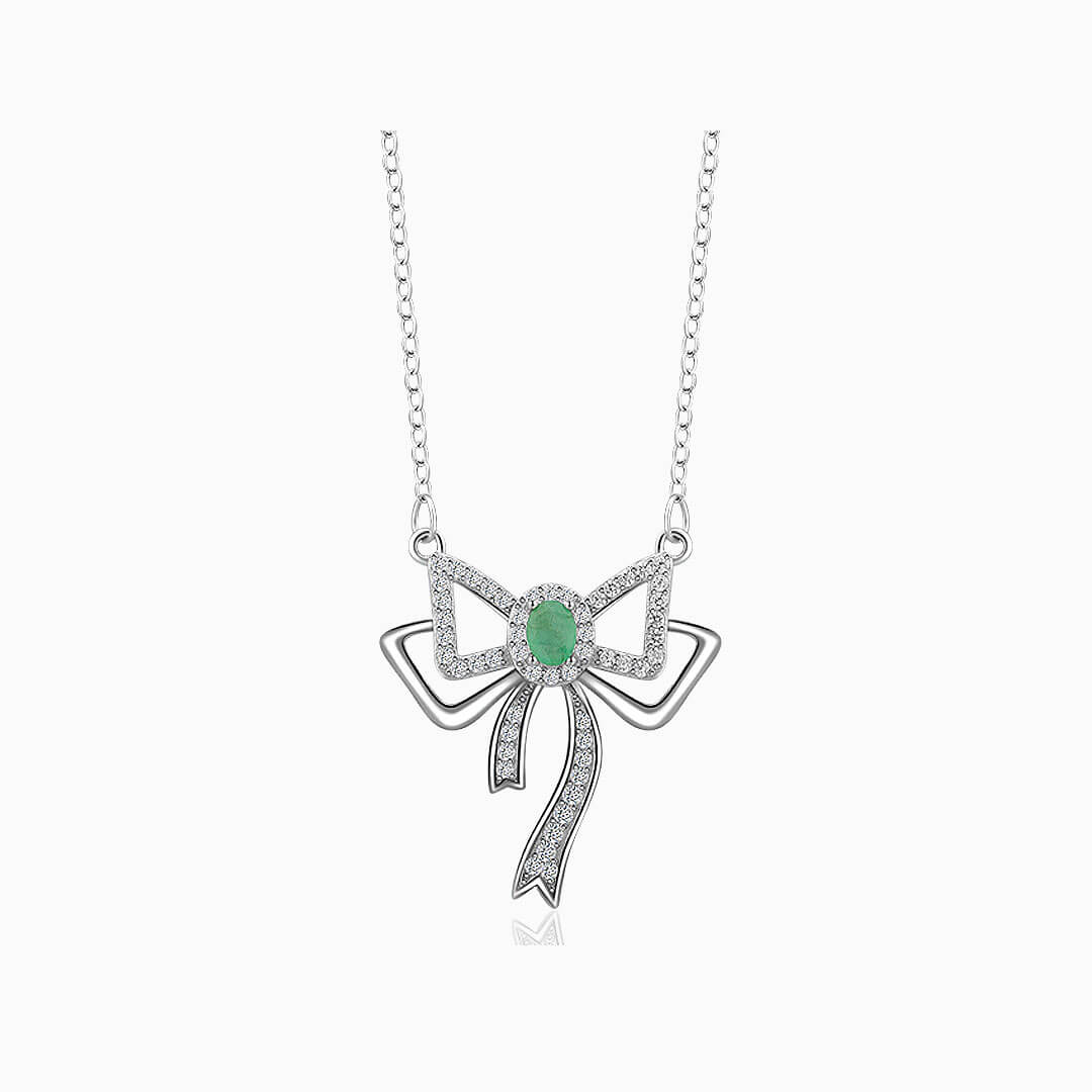 Ribbon Design Natural Emerald and Diamonds 18K White Gold Necklace | Modern Gem Jewelry