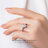 Oval Moissanite Ring with Blue Natural Sapphires in 18K White Gold on hand| Modern Gem Jewelry