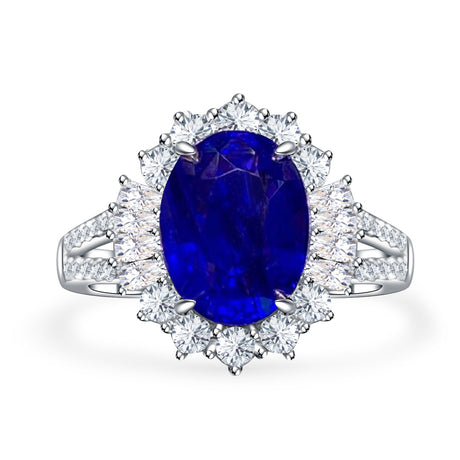 3 carats Oval Royal Blue Sapphire Split Shank 18K White Gold Ring - Modern Gem Jewelry®