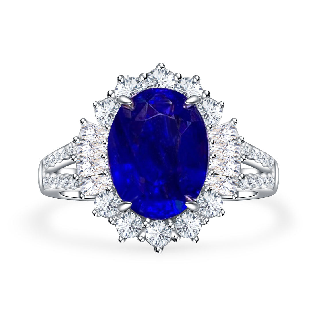 3 carats Oval Royal Blue Sapphire Split Shank 18K White Gold Ring - Modern Gem Jewelry®