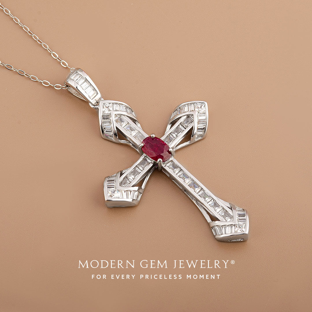 White Gold Ruby and Diamond Cross Pendant | Modern Gem Jewelry