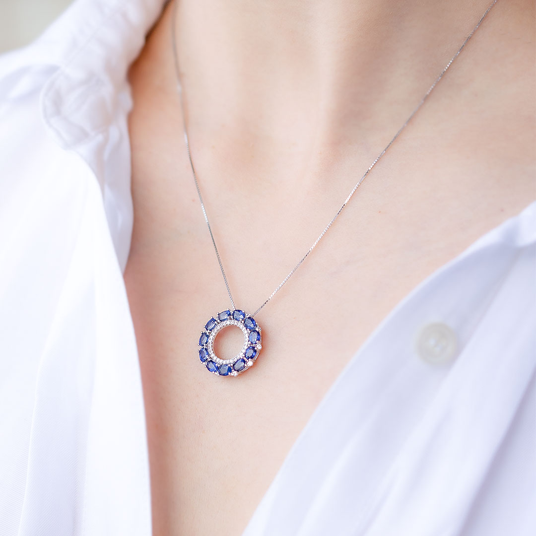Gold Sapphire Necklace with and Diamonds Modern Gem Jewelry