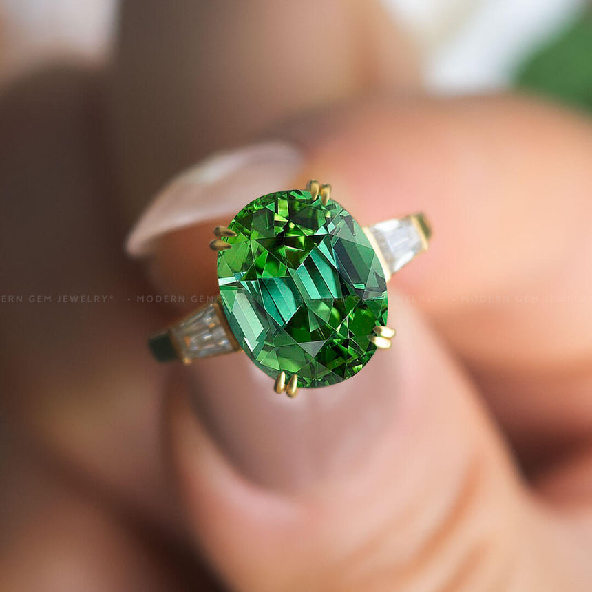 Green Tourmaline and Diamond Ring Yellow Gold | Custom Tourmaline Engagement Ring | Modern Gem Jewelry | Saratti