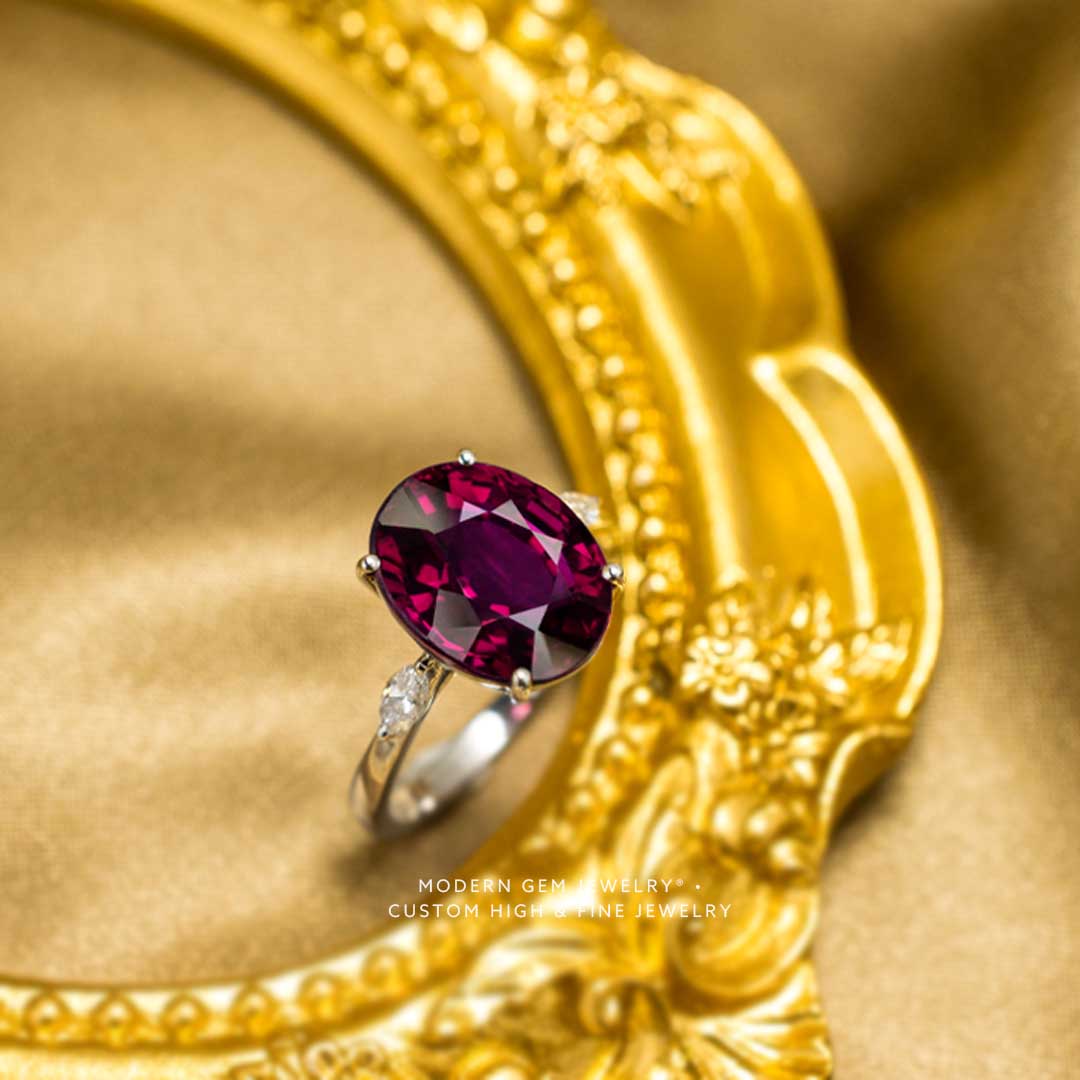 Garnet and Diamond Ring Three Stone  In 18K White Gold | Custom Rings | Modern Gem Jewelry