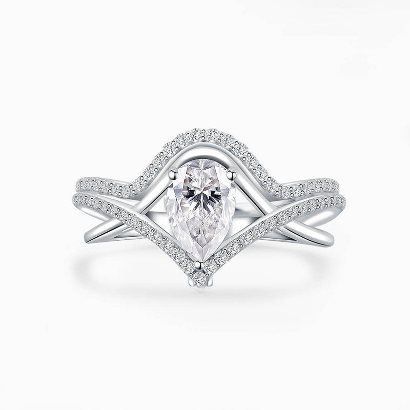 Pear Cut Diamond Ring with Diamond Half Moon Halo Band  | Saratti