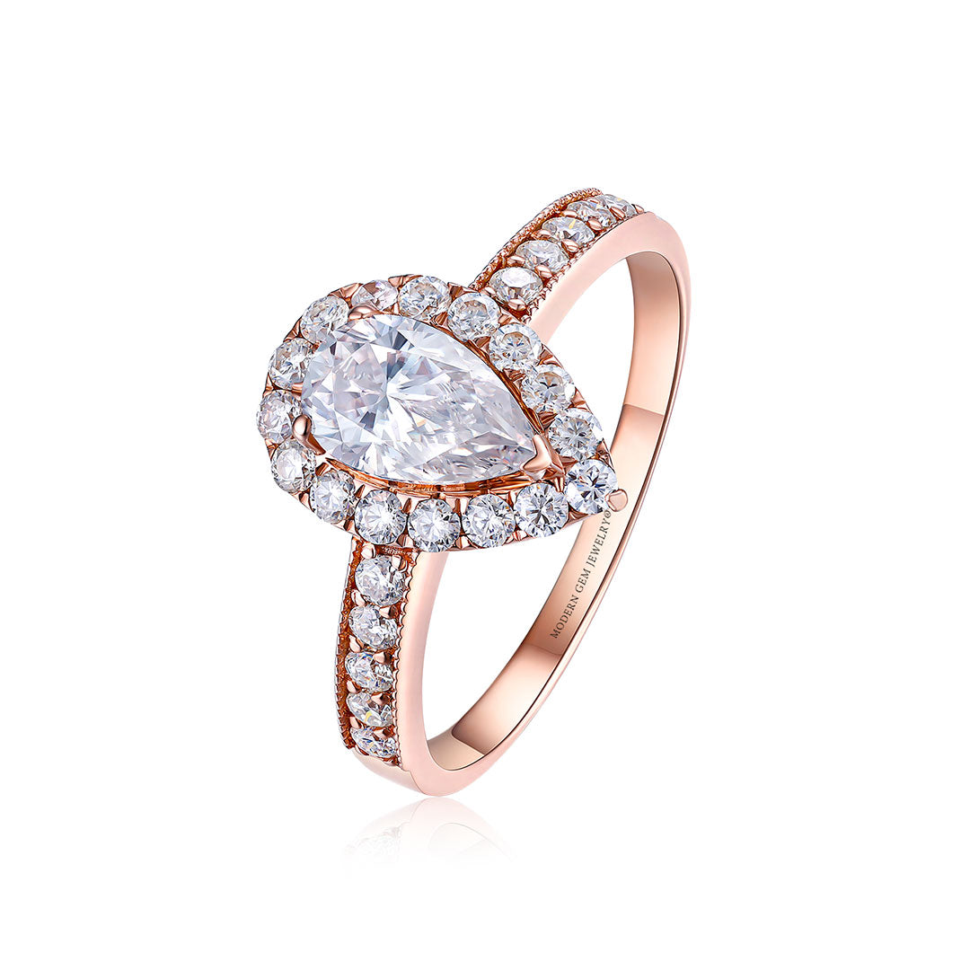 Rose Gold Moissanite Ring with Diamonds Halo in 18K Rose Gold | Custom Pear Shape Engagement Ring | Modern Gem Jewelry