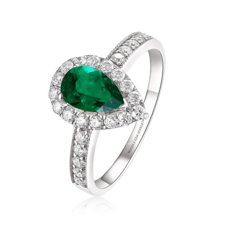 Natural Emerald and Diamond Halo 18K White Gold Ring 