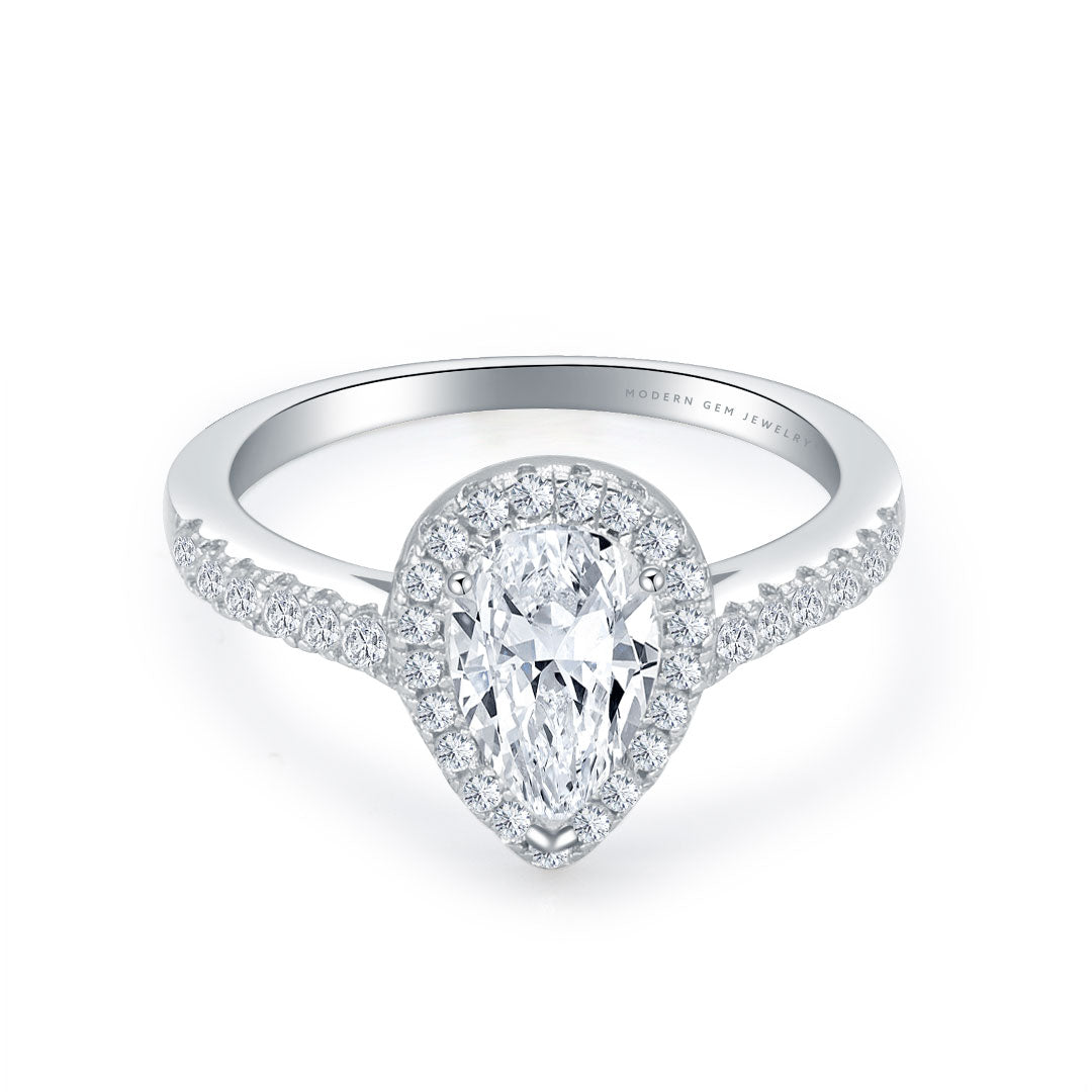 1 Carat Pear Shaped Diamond Ring In 18K White Gold| Custom Rings | Modern Gem Jewelry