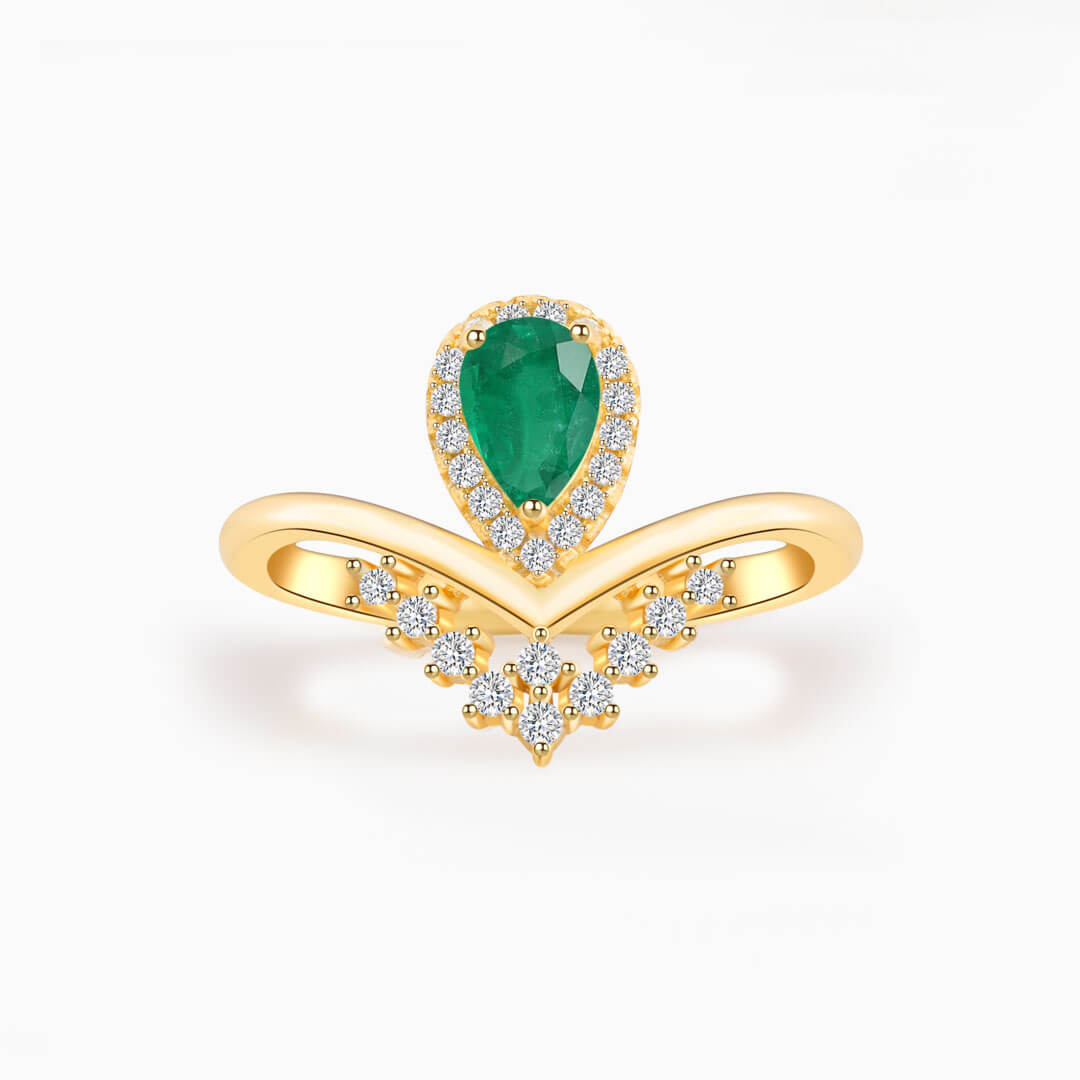 Pear Natural Emerald and Diamonds Promise Ring in 18K Yellow Gold | Modern Gem Jewelry | Saratti