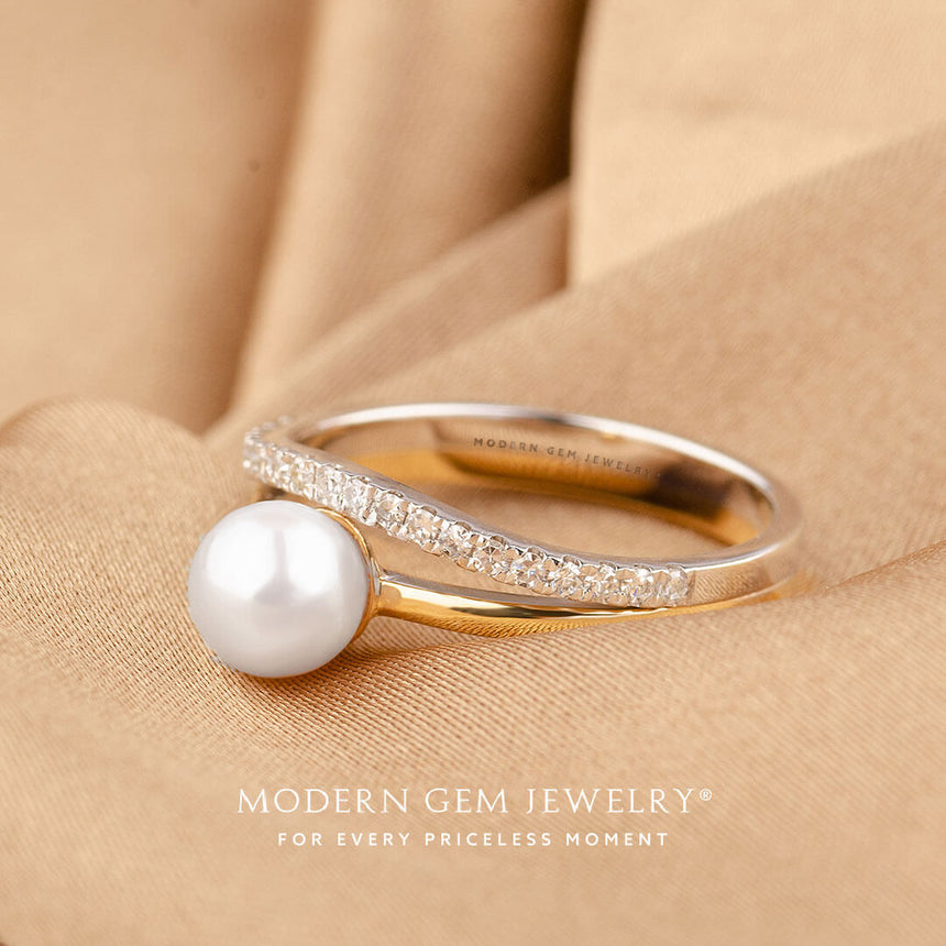 Tiffany Pearl Ring Inspired in Two Tone 18K White and Yellow Gold Split Shank Ring | Modern Gem Jewelry