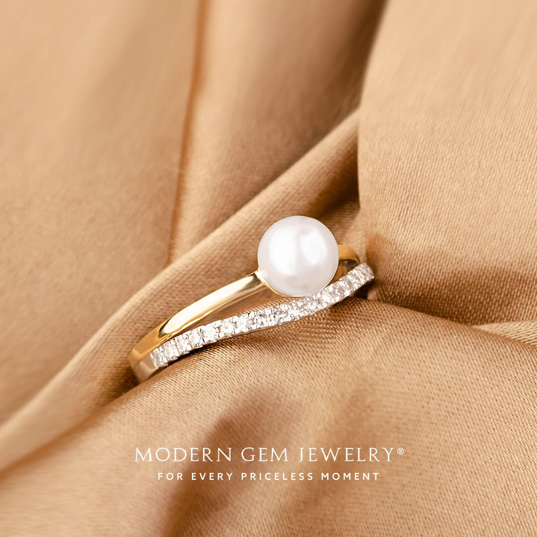 Tiffany Pearl Ring Inspired in Two Tone 18K White and Yellow Gold Split Shank Ring | Modern Gem Jewelry