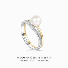 Tiffany Pearl Ring Inspired in Two Tone 18K White and Yellow Gold Split Shank Ring | Modern Gem Jewelry