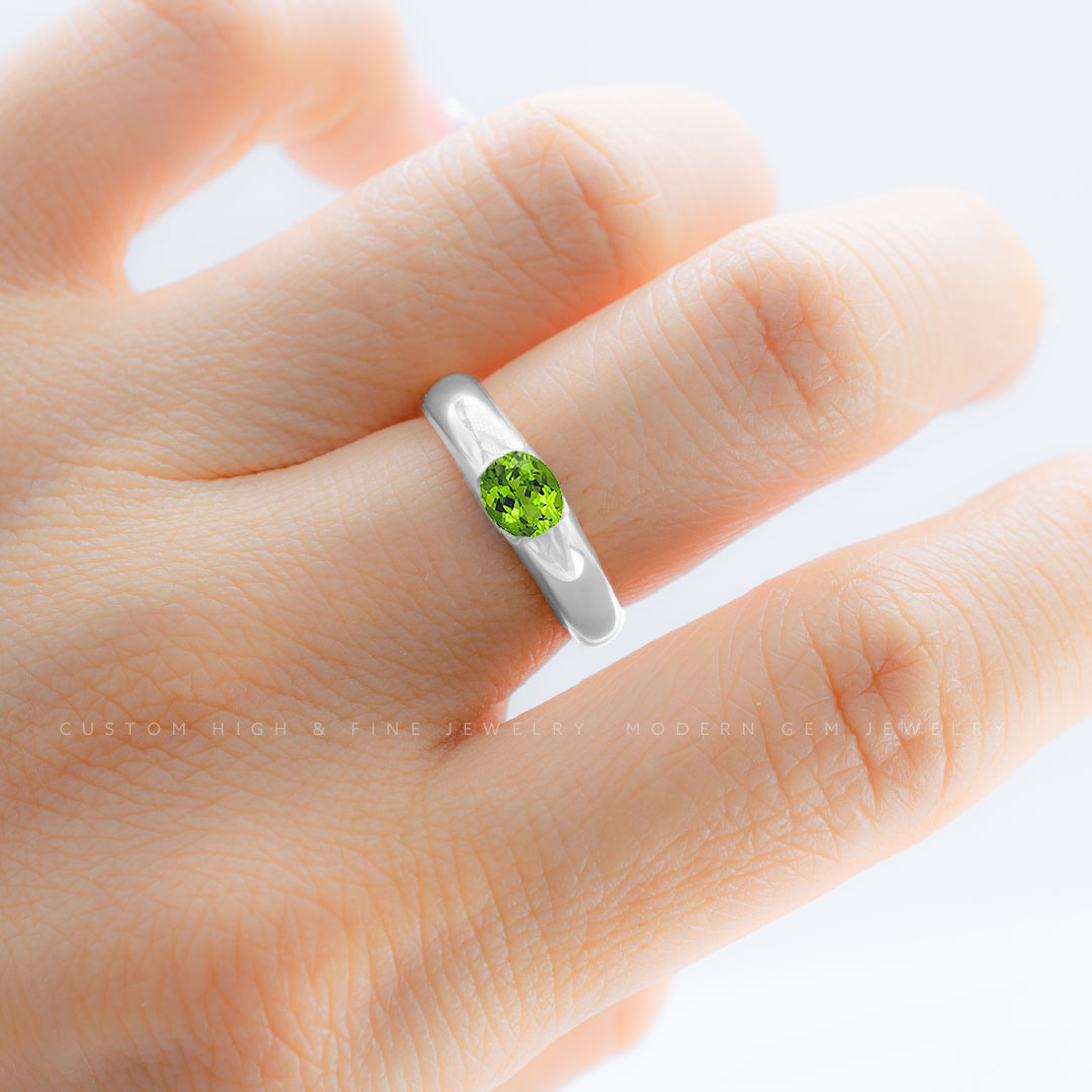 Peridot Engagement Ring Solitaire In White Gold | Custom Rings | Modern Gem Jewelry
