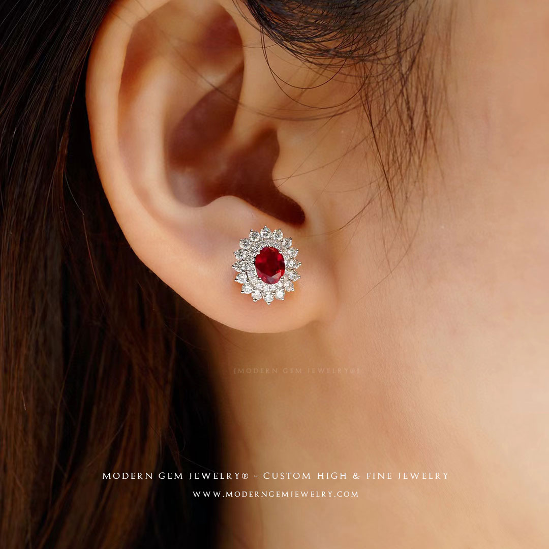 Elegant Red Ruby Earrings Adorned with Diamonds | Saratti