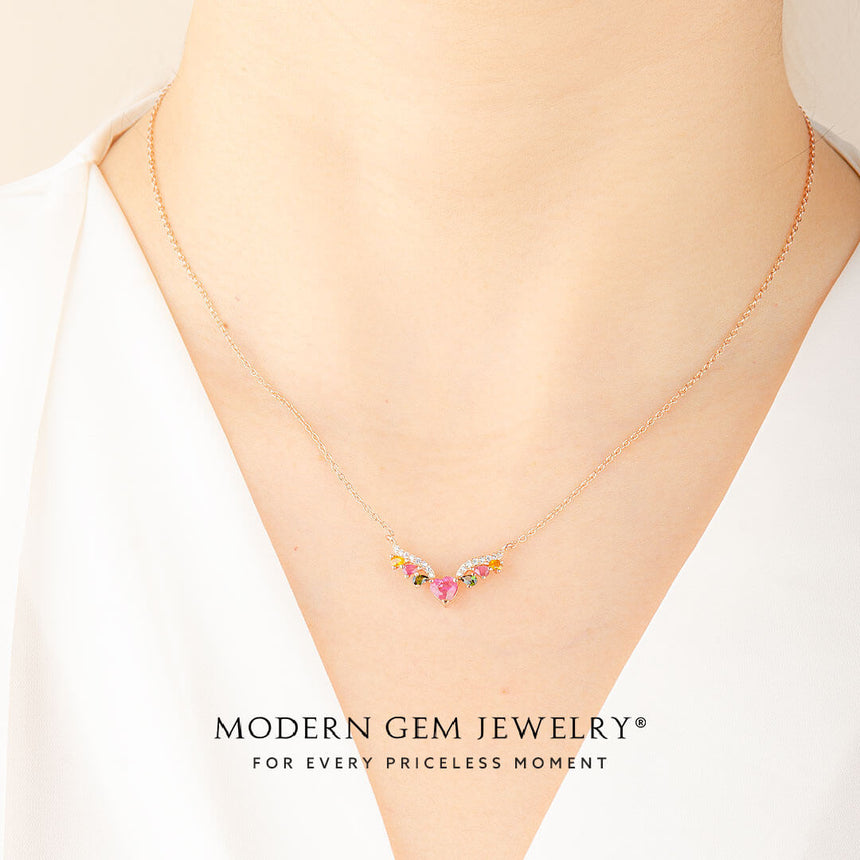 Elegant Rose Gold Heart Necklace with Vibrant Tourmaline Gemstones | Saratti