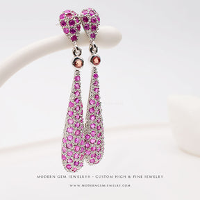 Elegant White Gold Earrings with Sapphire Drops and Pink Ruby | Saratti