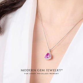 Diamond Halo Perspective of the Sakura Henzo Pink Topaz Necklace on Model | Saratti