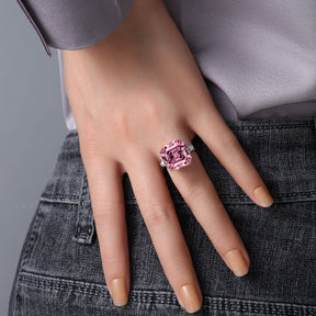 Tourmaline Ring with Diamonds in White Gold | 8 carat  Asscher Cut Pink Tourmaline Ring on Woman's Finger | Modern Gem Jewelry | Saratti 