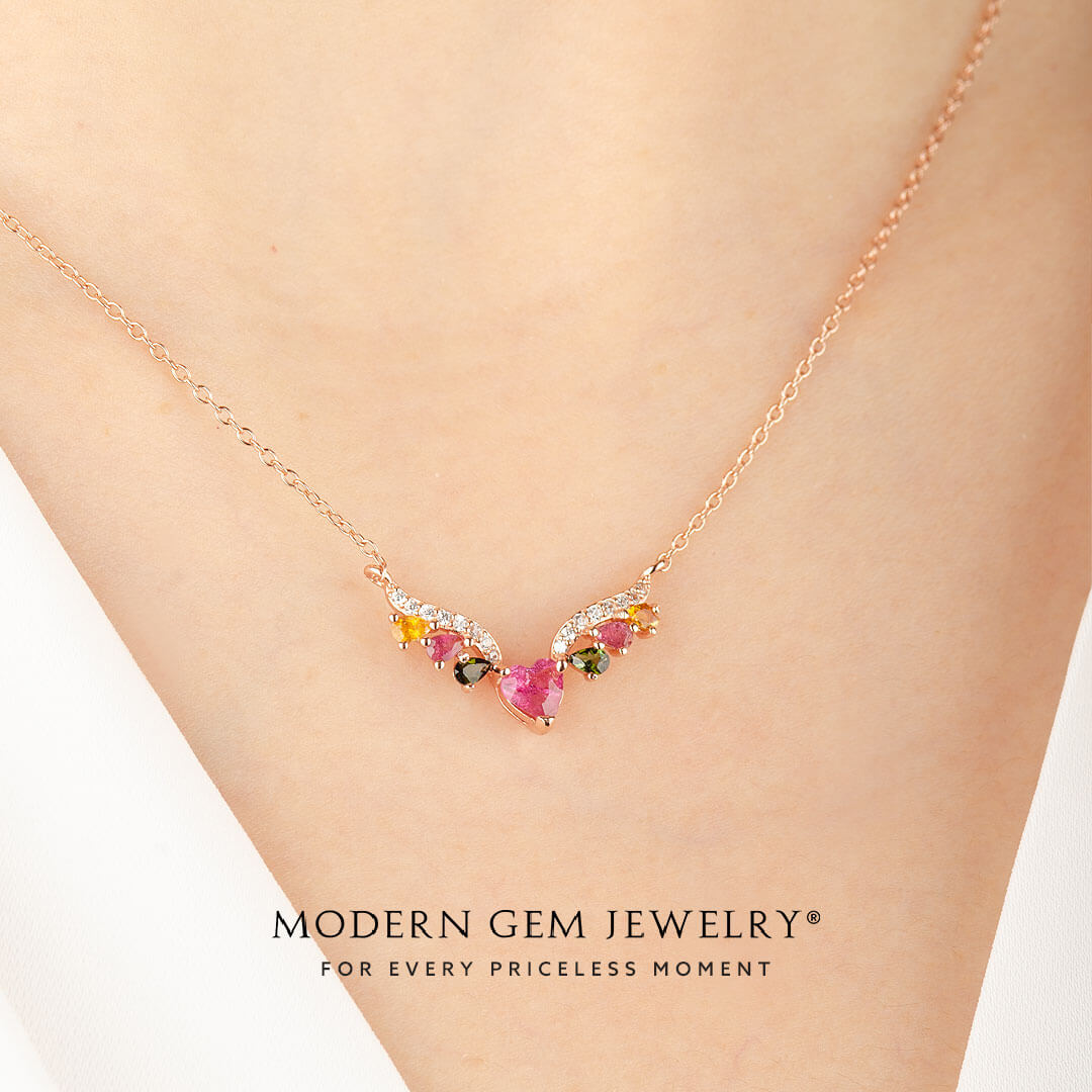 18K Rose Gold Necklace with Pink Heart and Colourful Tourmalines | Saratti