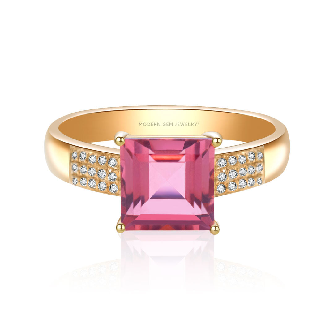 Tourmaline Ring & Diamonds Three Row Design In 18K Yellow Gold | Modern Gem Jewelry | Saratti
