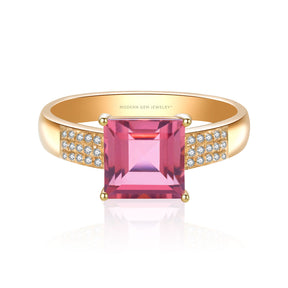Tourmaline Ring & Diamonds Three Row Design In 18K Yellow Gold | Modern Gem Jewelry | Saratti